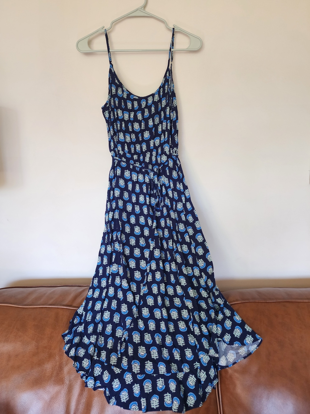 J. Crew Navy Blue Printed Spaghetti-Strap Midi Dress